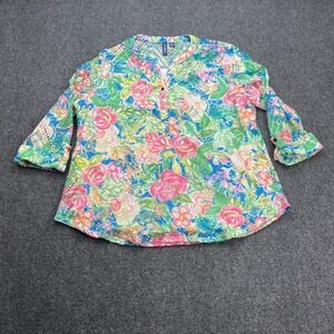 Casey‎ Key Floral Eyelet Mesh Roll Tab Henley Multicolor Blouse Top